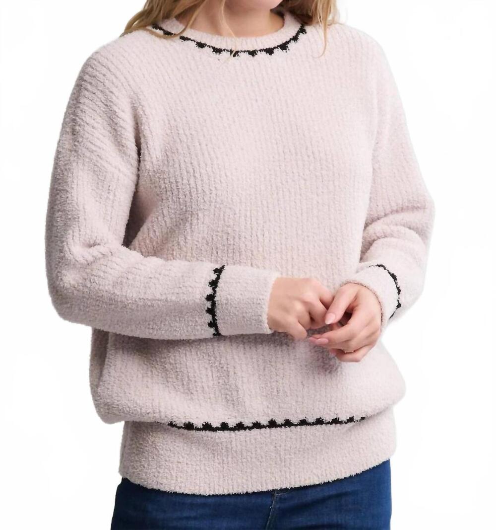 NEW BAREFOOT DREAMS cozychic ribbed sweater with blanket stitch in stone